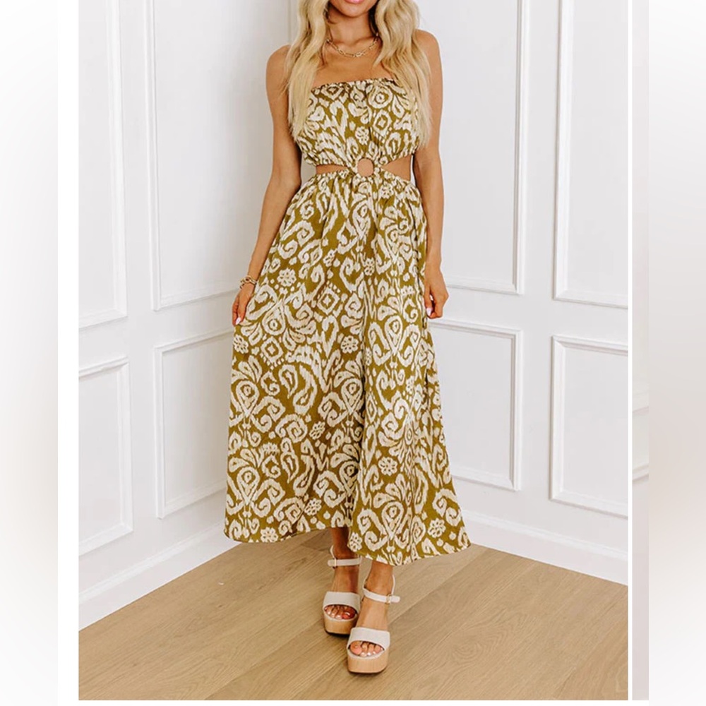 SOLD. Chic Olive and White Cut-Out Wide Leg Jumpsuit